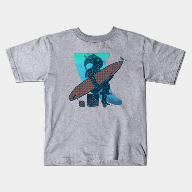 Fish Head Surfer Kids T-Shirt by ElzeroStudio